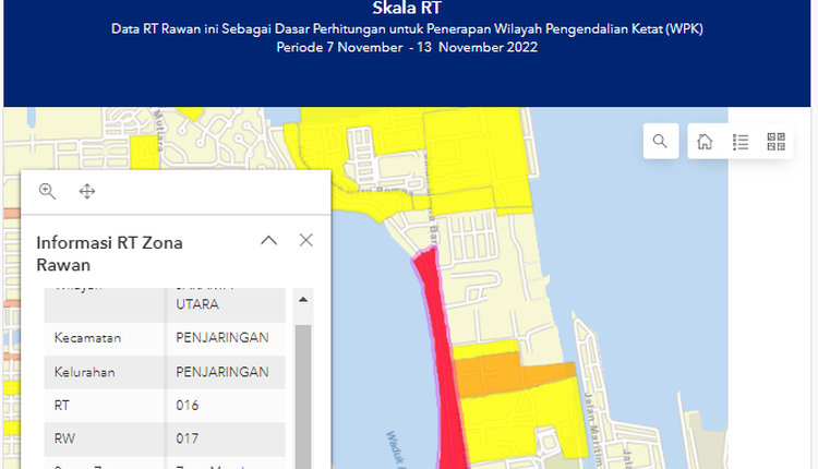 Tangkapan layar salah satu zona merah corona di Jakarta Utara pada Senin (14/11/2022).(corona.jakarta.go.id)